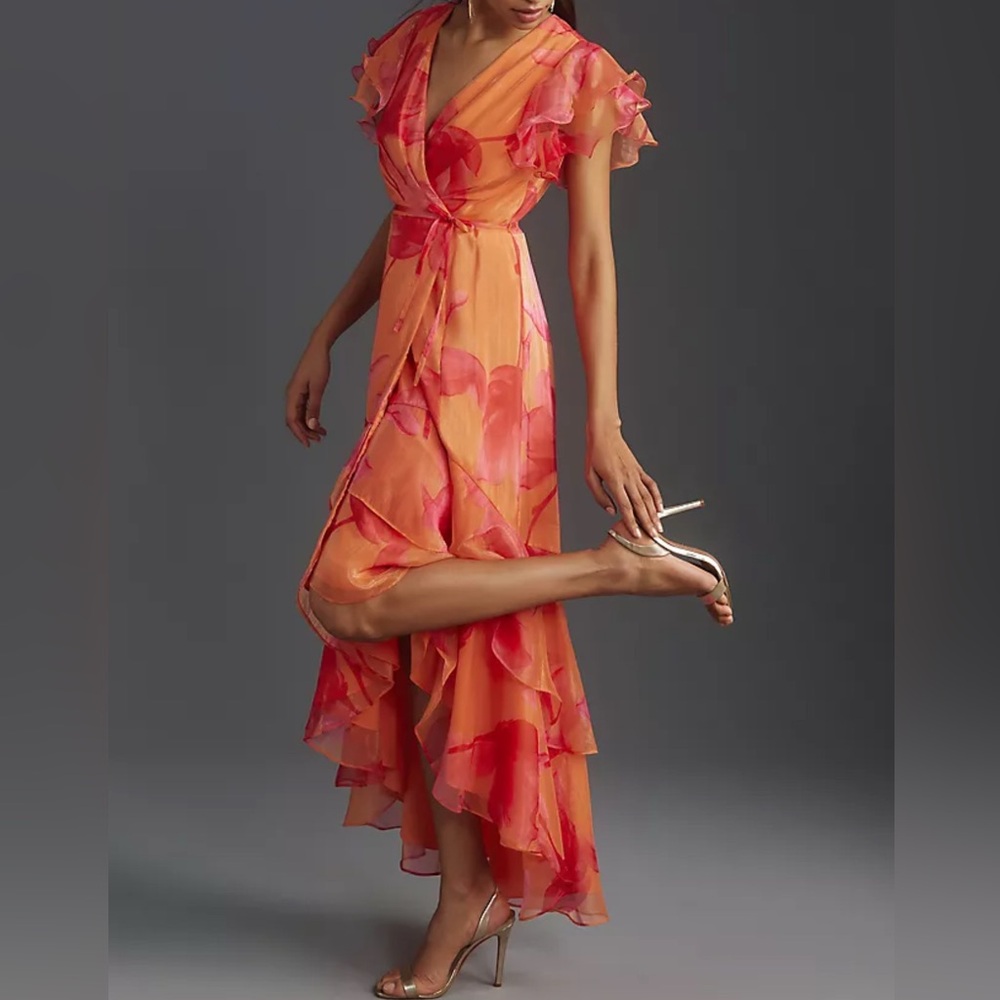 Anthropologie Hutch Whitlee Wrap Dress Short-Sleeve V-Neck High-Low Size 1X Pink